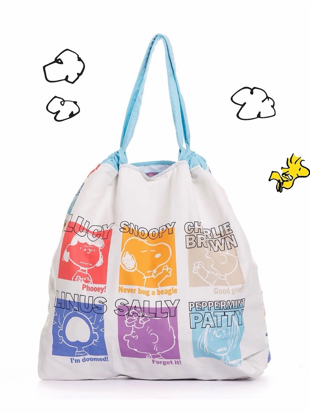 Peanuts Character Print White & Light Blue Tote Bag